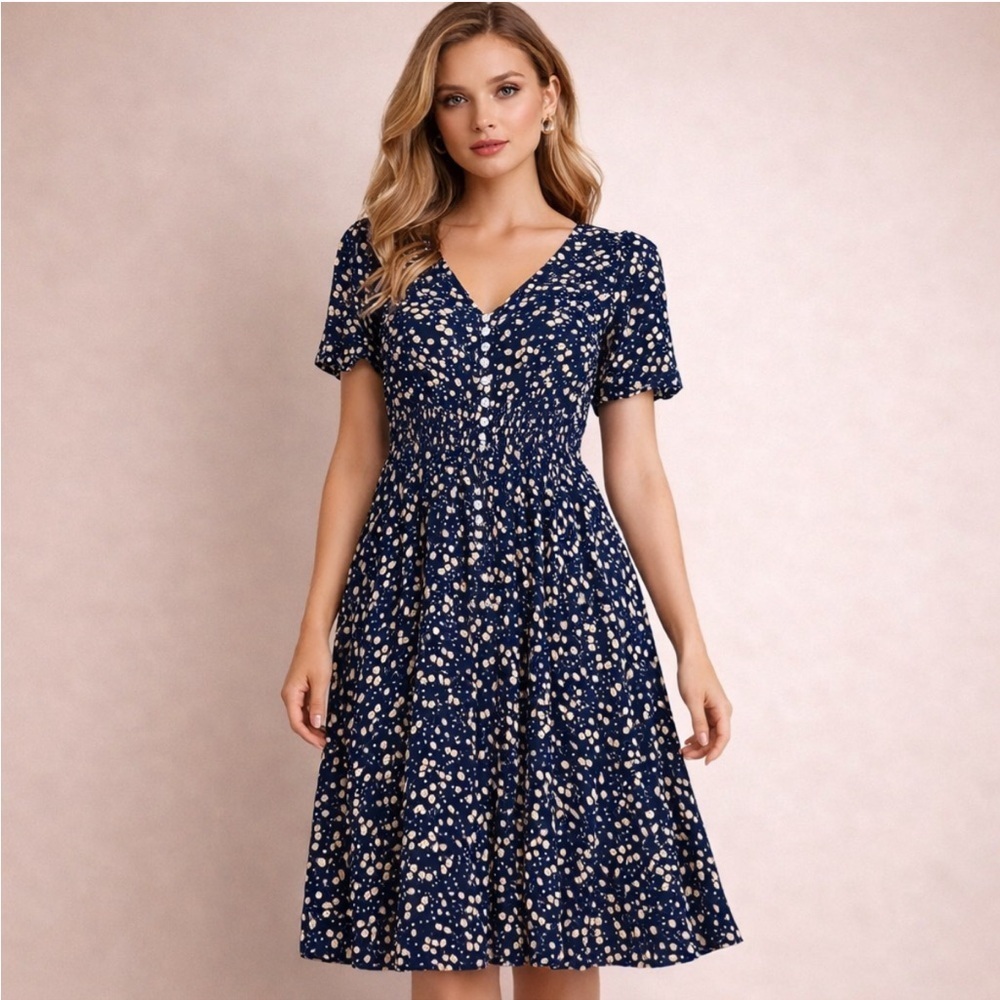 Kormie Navy Floral Button-Front Dress | Rayon Boutique Style Size L
